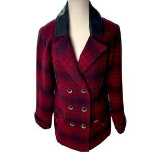 Powder River Outfitters Double Breasted Coat Wool Blend & Leather Collar Size L